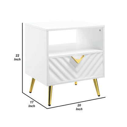 Tyra 22 Inch Wood End Table with Open Space, Wave Pattern, White, Gold - View 6
