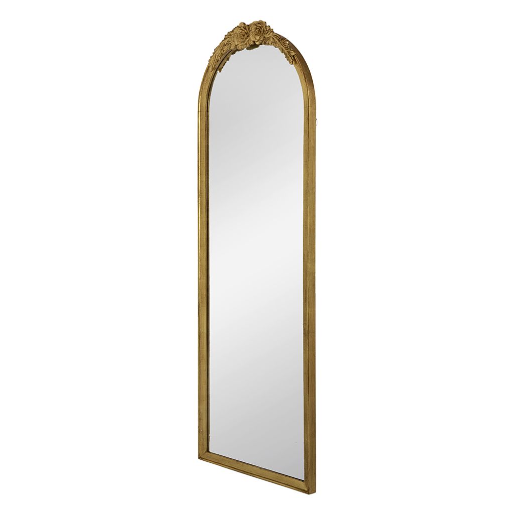 56 Inch Tall Arched Floor Mirror, Antique Floral Design, Gold - View 2