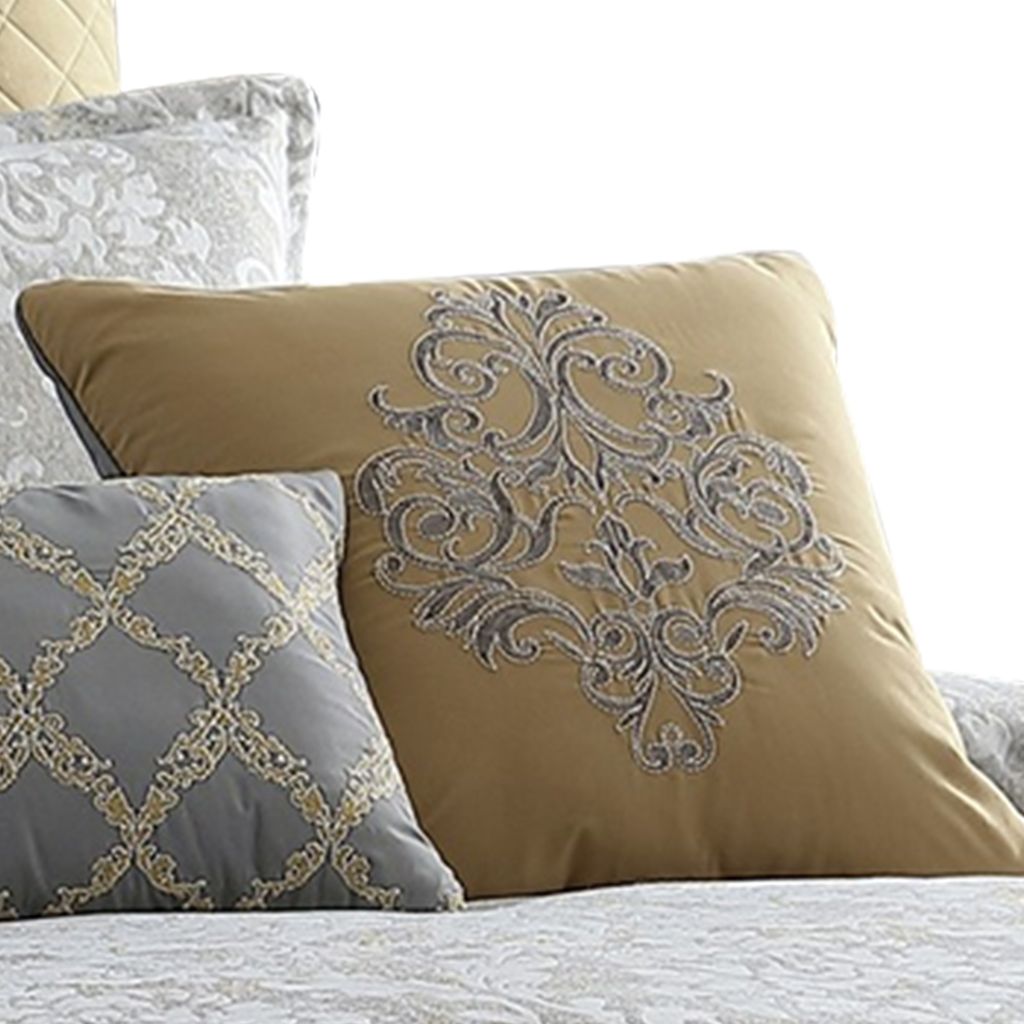 9 Piece King Polyester Comforter Set with Medallion Print, Gray and Gold - View 4
