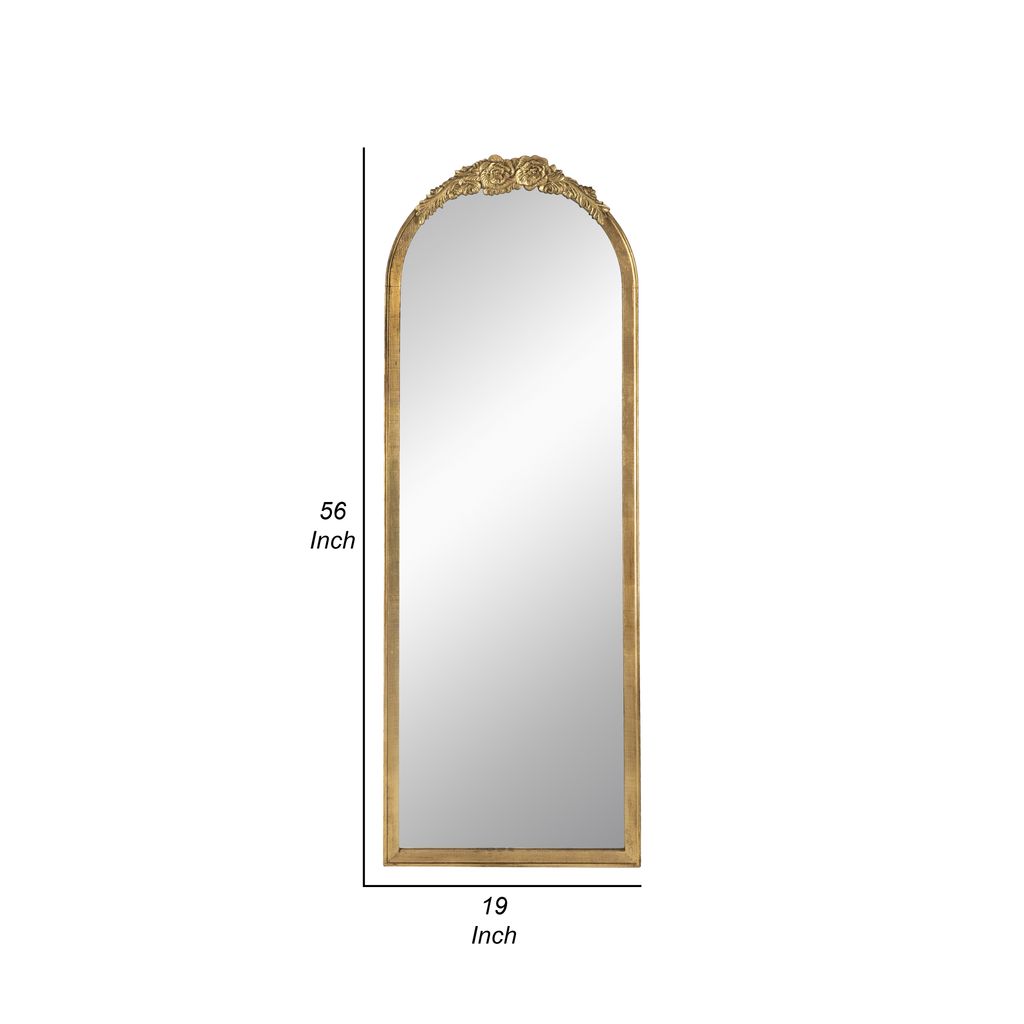 56 Inch Tall Arched Floor Mirror, Antique Floral Design, Gold - View 5