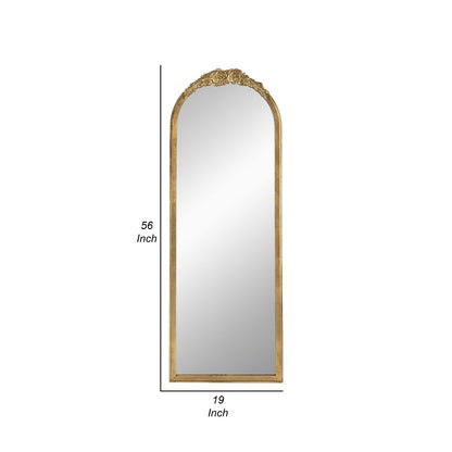 56 Inch Tall Arched Floor Mirror, Antique Floral Design, Gold - View 5