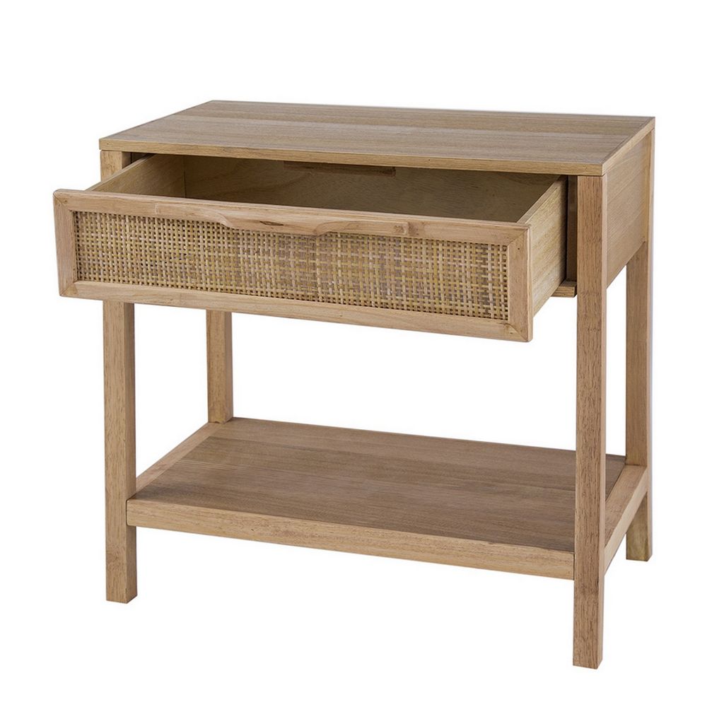 Rosette 22 Inch Accent Side Table, Rattan Front Drawer, Open Shelf, Natural Brown Mango Wood Frame - View 3
