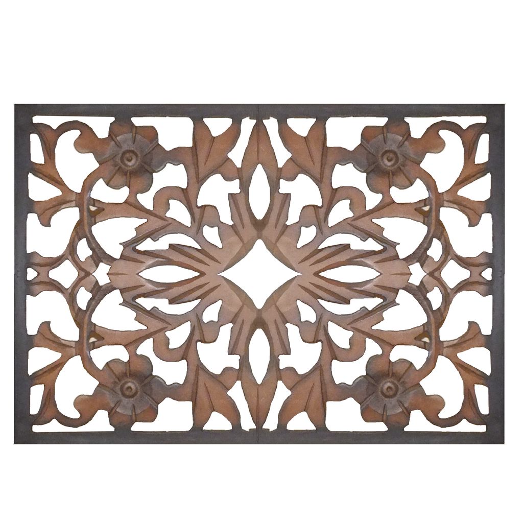 Rectangular Wall Panel with Intricate Floral Carvings, Burnt Black - View 3