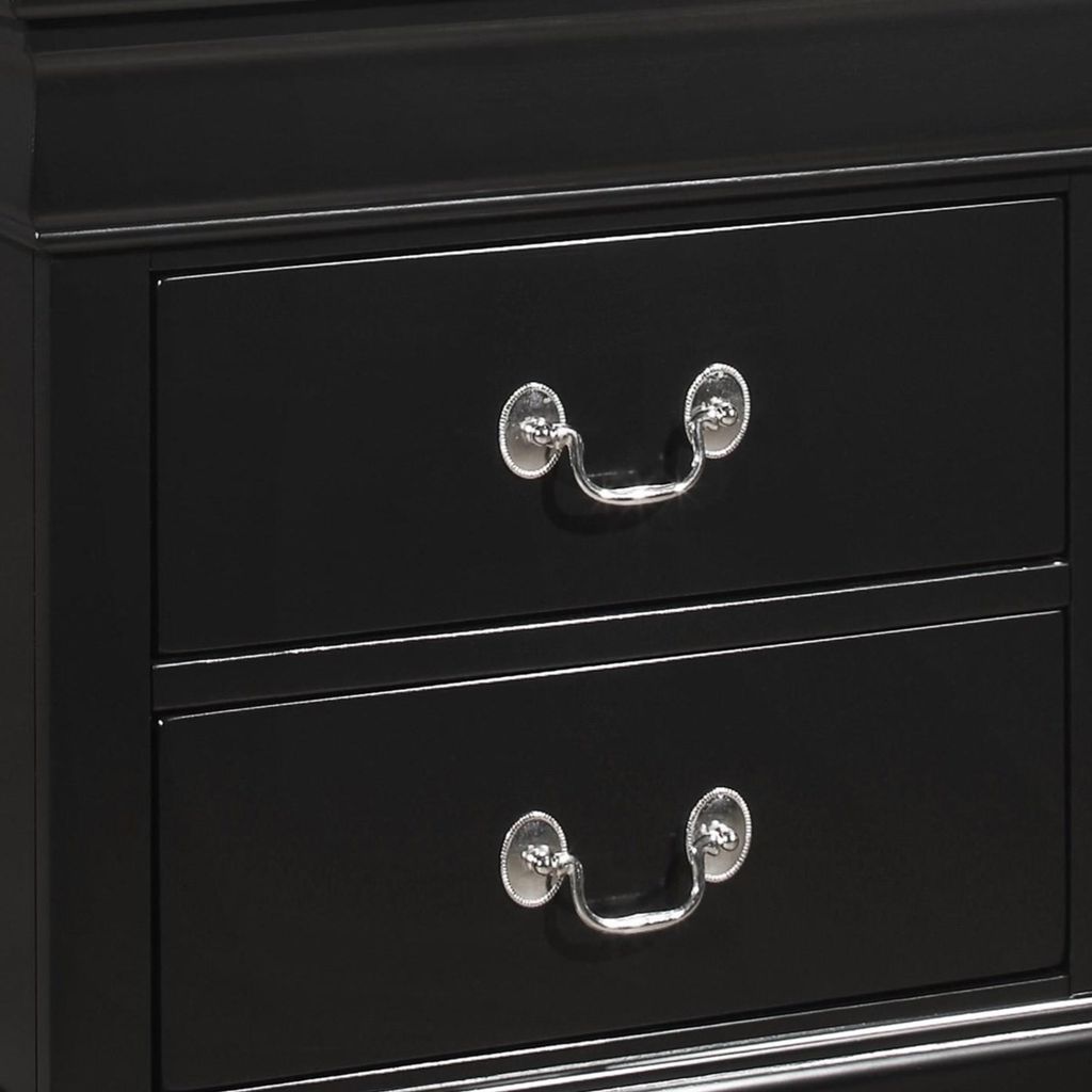 2 Drawer Wooden Frame Nightstand with Antique Metal Pulls, Black - View 4