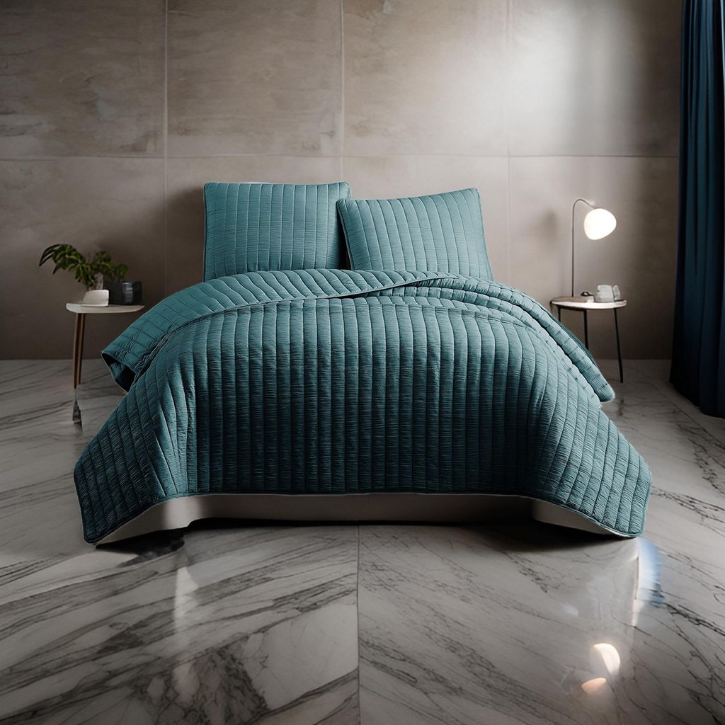 3 Piece Crinkle King Coverlet Set with Vertical Stitching, Turquoise Blue - View 7