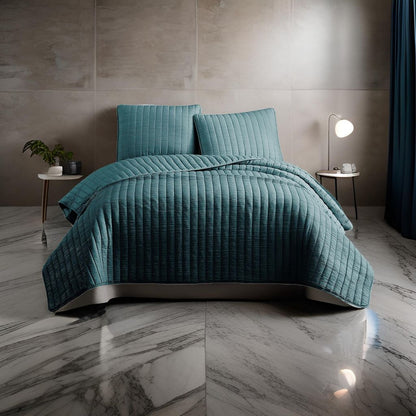 3 Piece Crinkle King Coverlet Set with Vertical Stitching, Turquoise Blue - View 7