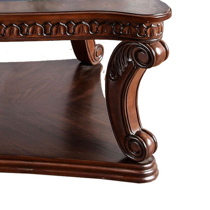 Traditional Coffee Table with Cabriole Legs and Wooden Carving, Brown - View 3