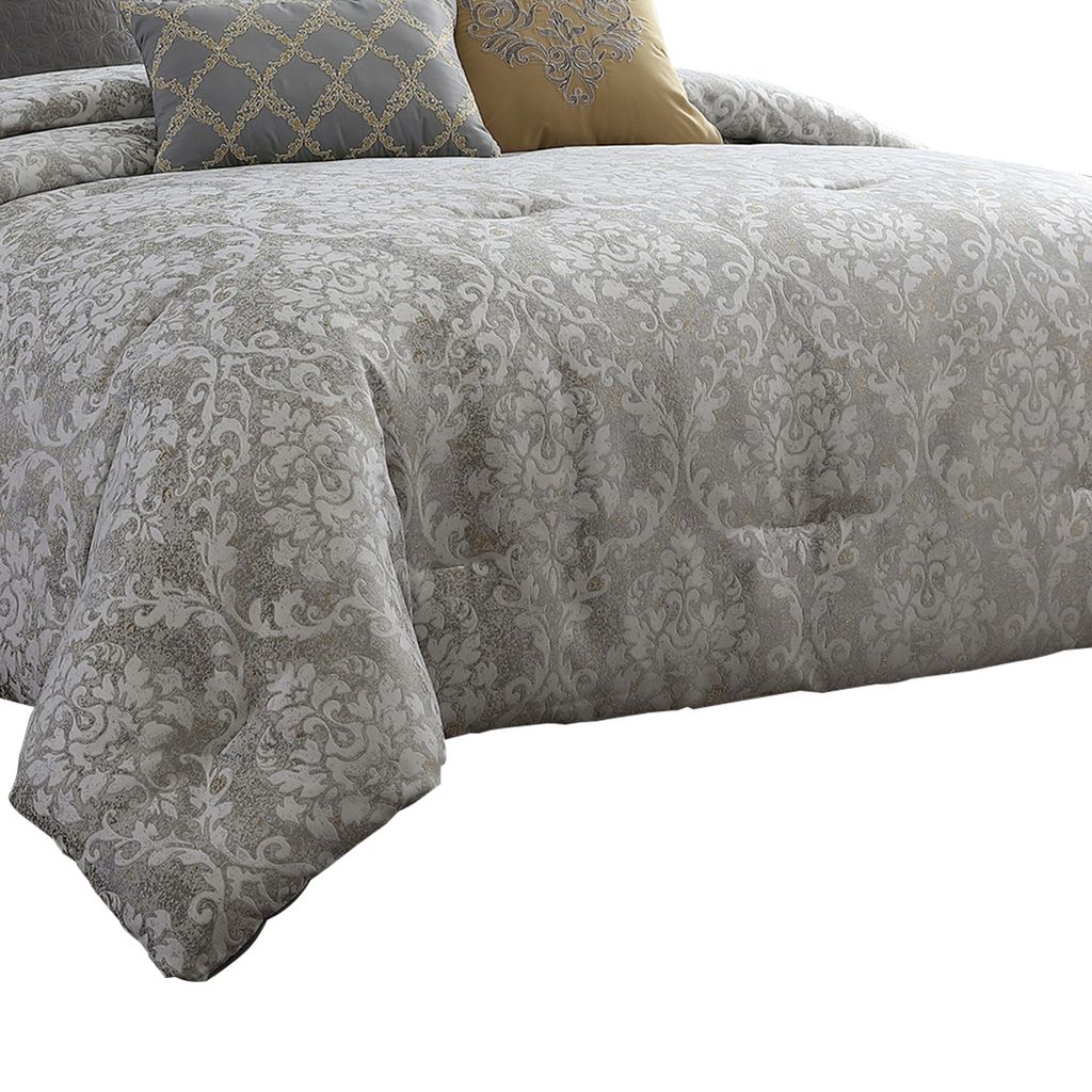 9 Piece King Polyester Comforter Set with Medallion Print, Gray and Gold - View 2