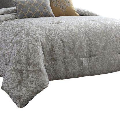 9 Piece King Polyester Comforter Set with Medallion Print, Gray and Gold - View 2