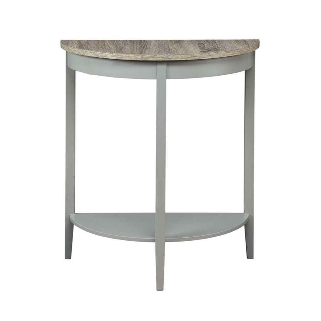 Wooden Half Moon Shaped Console Table with One Open Bottom Shelf, Oak Brown and Gray