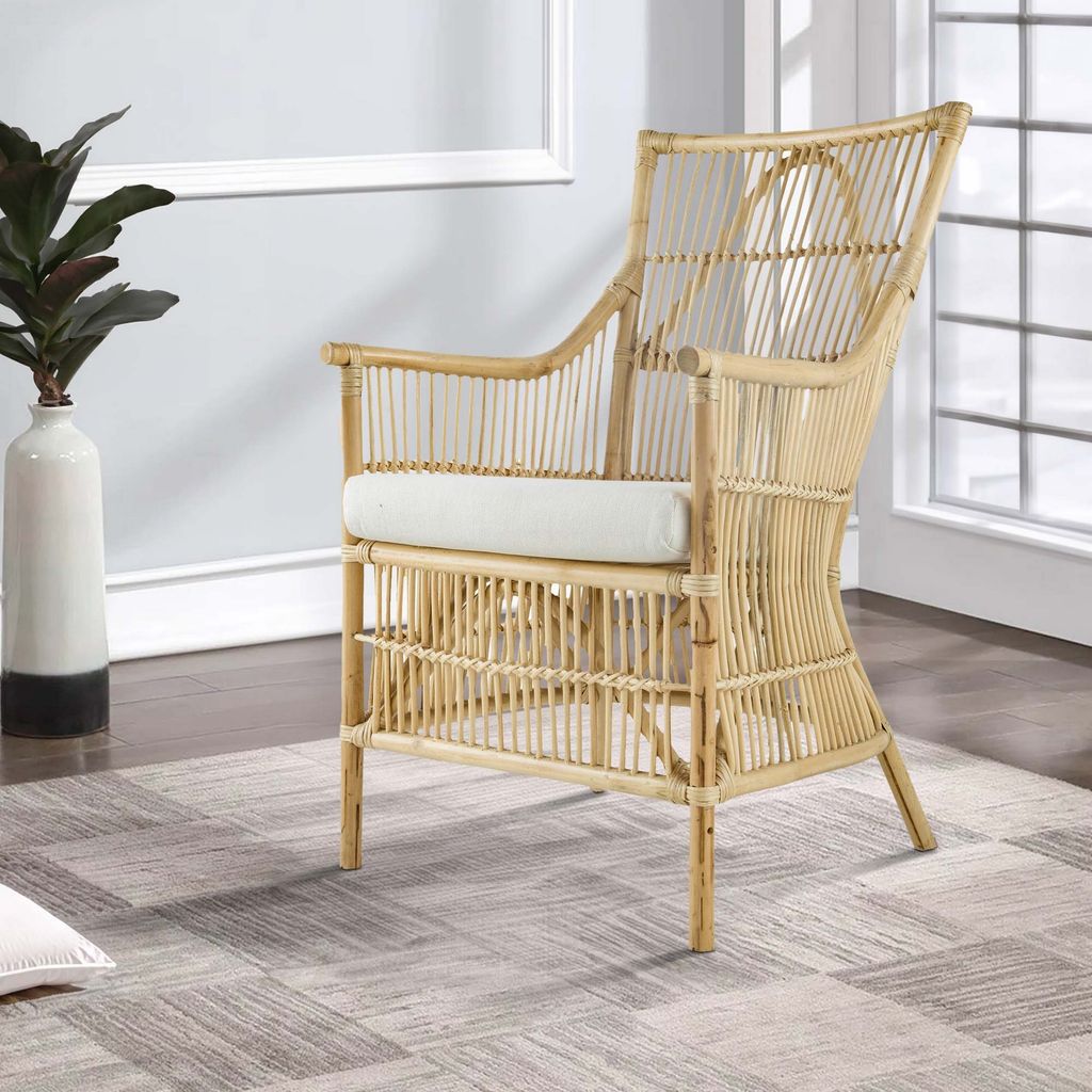 23 Inch Rattan Dining Armchair, White Fabric Padded Seat, Natural Brown - View 7