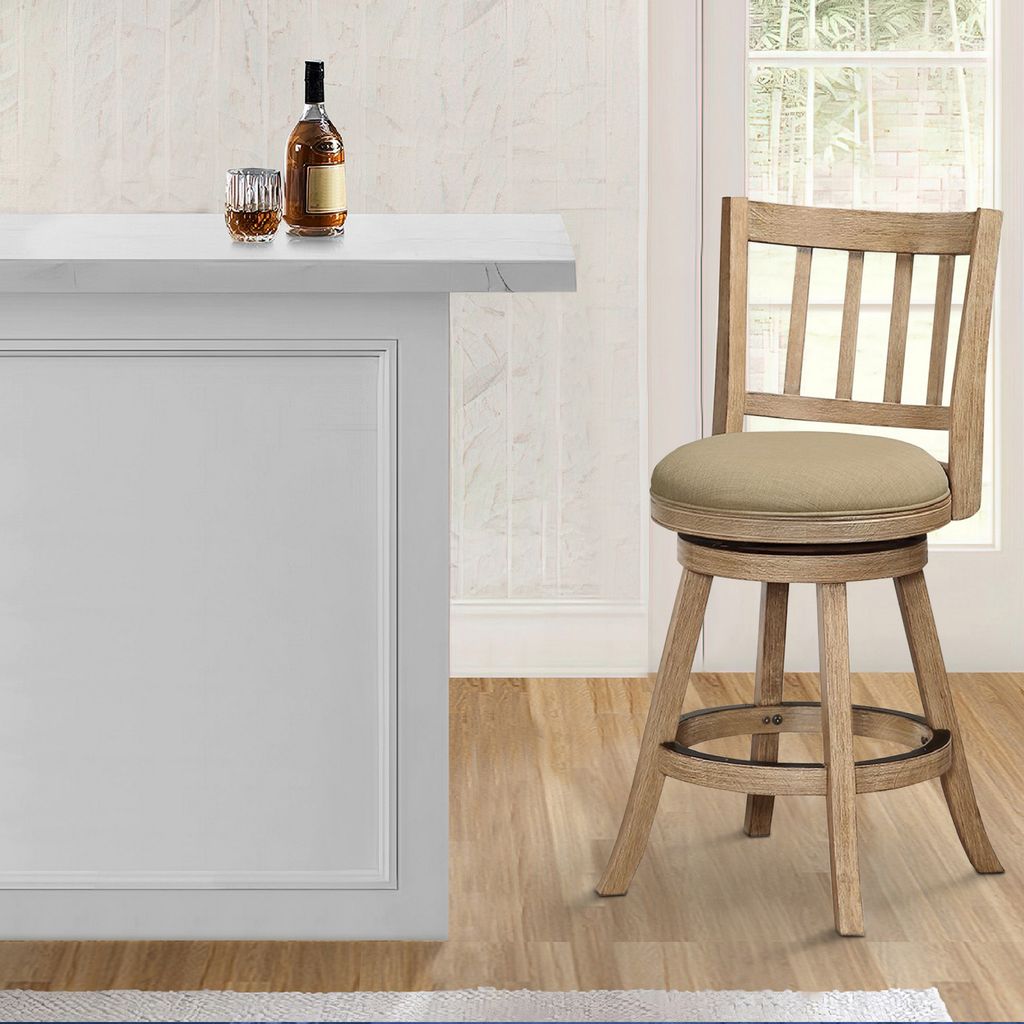 Adam 24 Inch Solid Wood Swivel Counter Stool, Slatted Back, Oat Brown - View 7