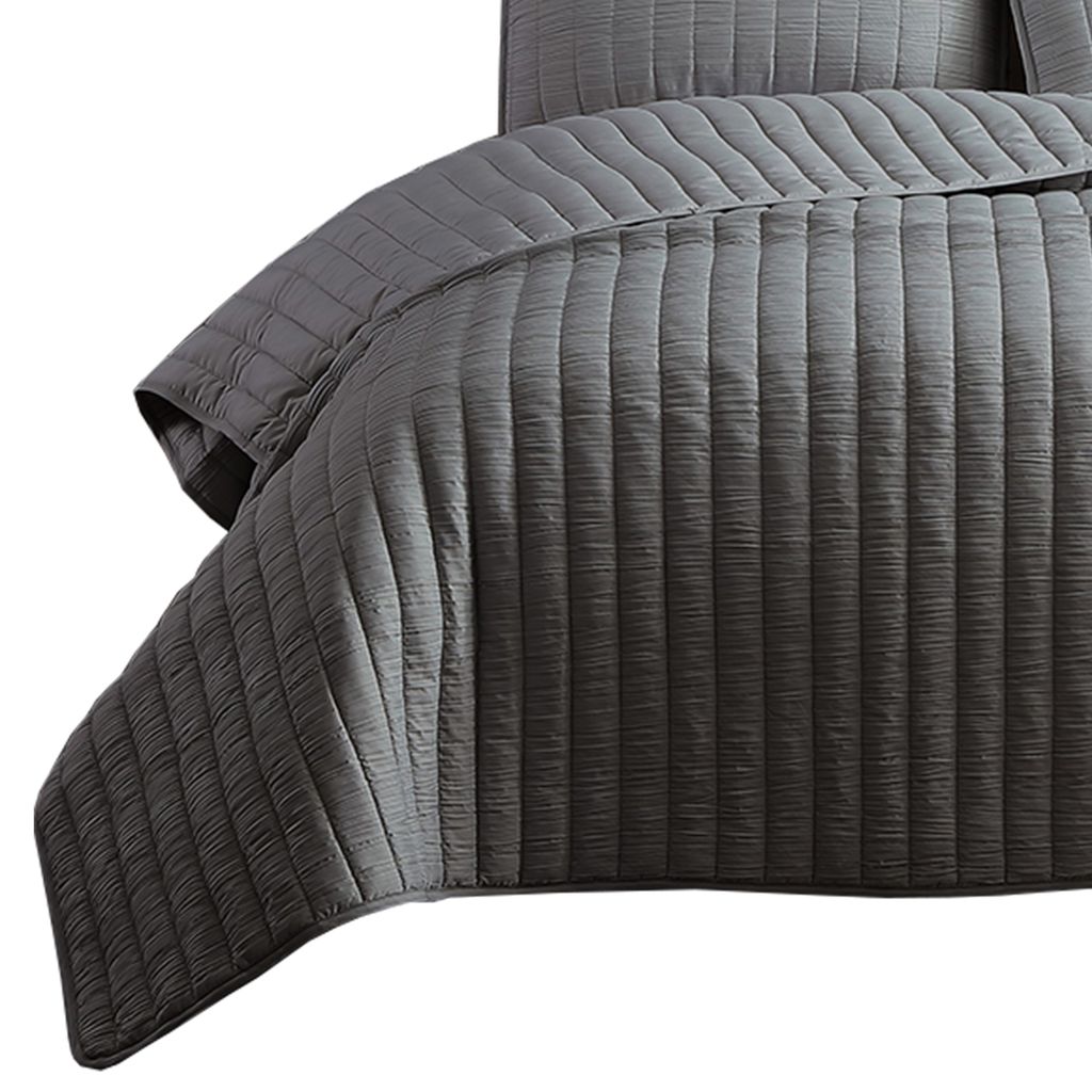 3 Piece Crinkles King Size Coverlet Set with Vertical Stitching, Gray - View 2