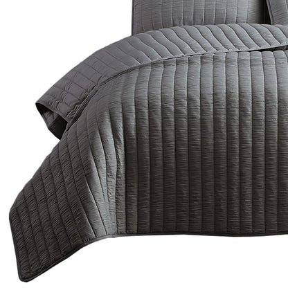 3 Piece Crinkles King Size Coverlet Set with Vertical Stitching, Gray - View 2