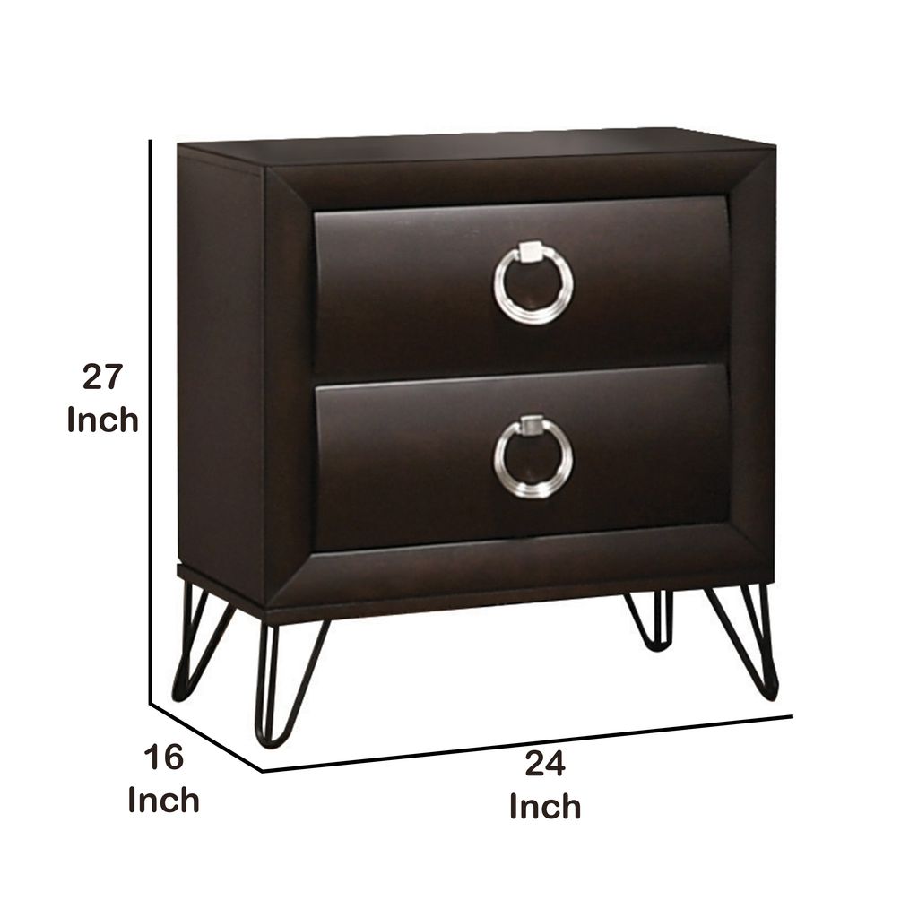 2 Drawer Wooden Nightstand with Metal Ring Handles and Harpin Legs, Brown - View 6
