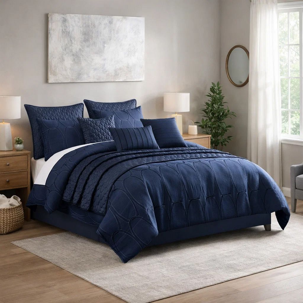 10 Piece Queen Polyester Comforter Set with Geometric Print, Dark Blue - View 7