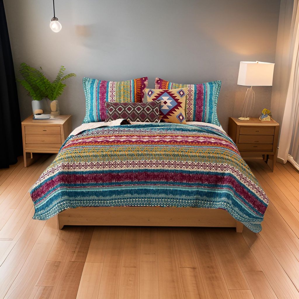 Tribal Print King Quilt Set with Decorative Pillows, Multicolor - View 7