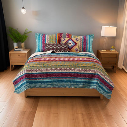 Tribal Print King Quilt Set with Decorative Pillows, Multicolor - View 7