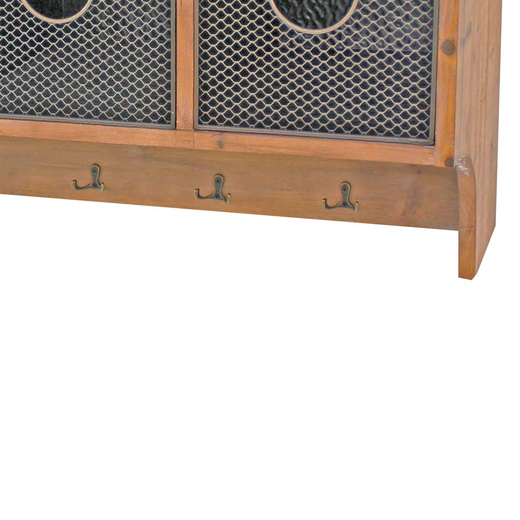Wooden Wall Shelf with 4 Hooks and 3 Wire Baskets, Brown - View 4