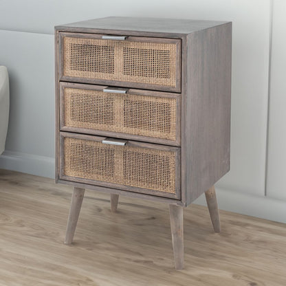 Cae 28 Inch Dresser Chest, 3 Drawers, Pine Wood, Rattan Panels, Dark Gray - View 7