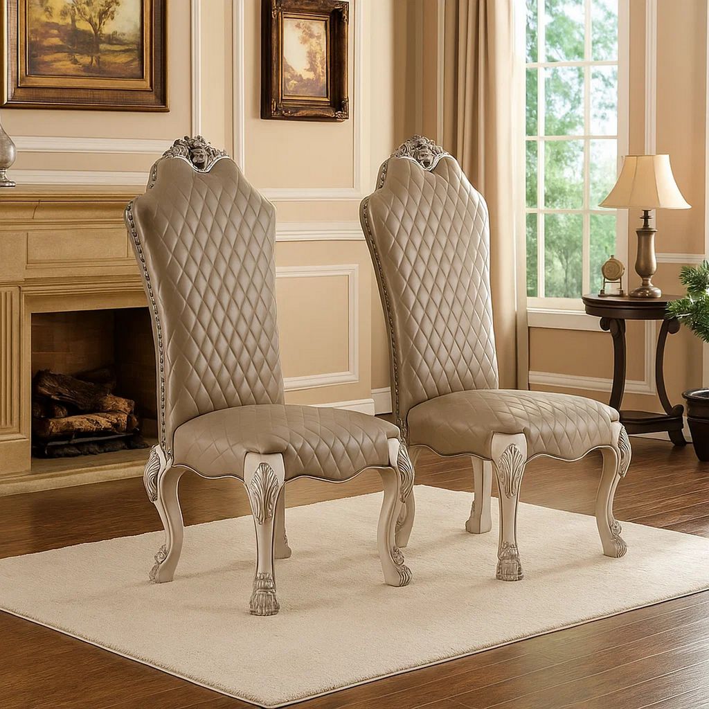 Leatherette Side Chair with High Back and Claw Legs, Set of 2,Antique White - View 7
