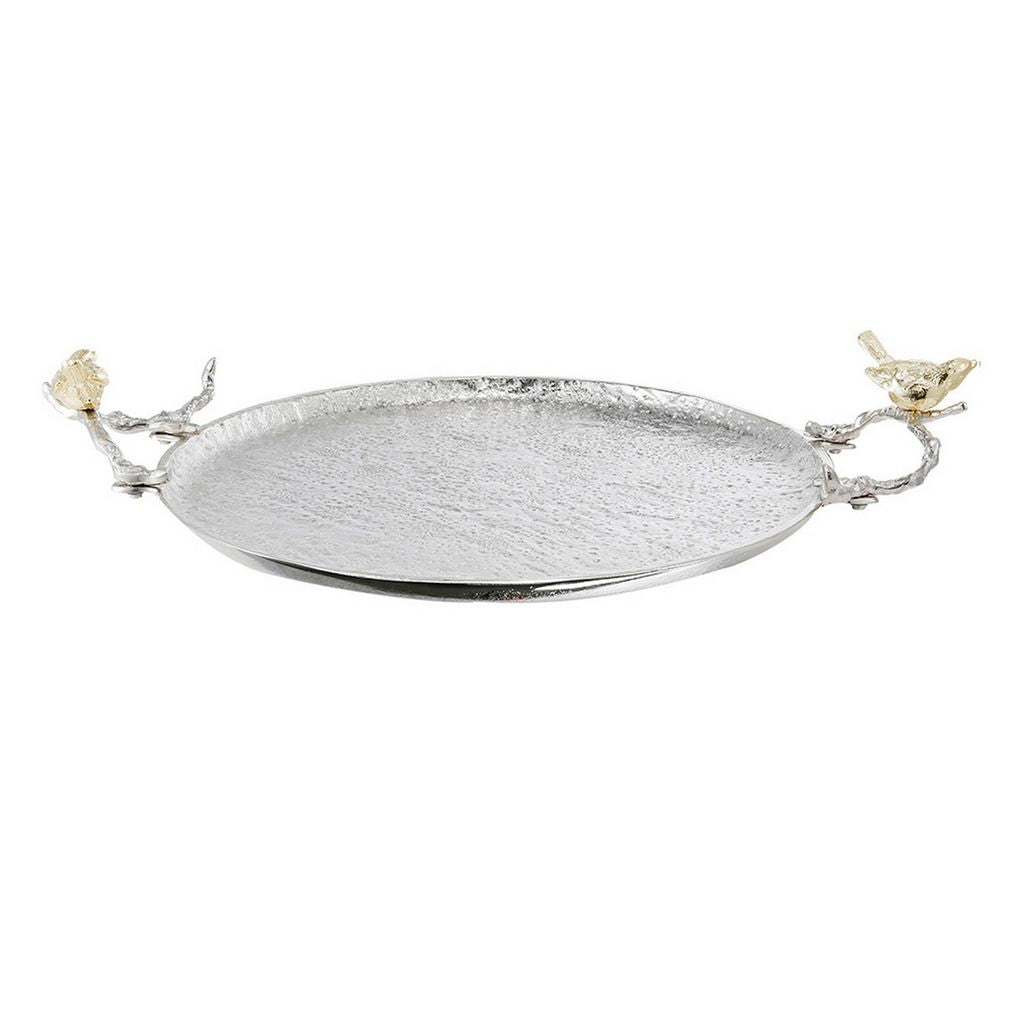 21 Inch Decorative Tray Set of 2, Perched Birds Silver Metal, Large - View 2