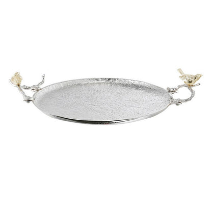 21 Inch Decorative Tray Set of 2, Perched Birds Silver Metal, Large - View 2