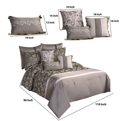 10 Piece King Polyester Comforter Set with Leaf Print, Platinum Gray - View 6