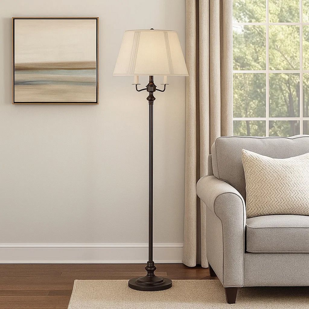 150 Watt 6 Way Metal Floor Lamp with Fabric Tapered Shade, Bronze - View 7