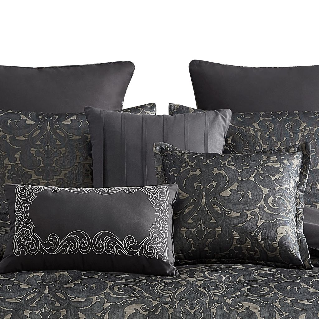 Pixie 9 Piece Polyester Queen Comforter Set, Damask Pattern, Charcoal Gray - View 2