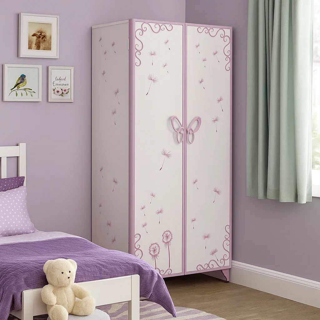 Metal Armoire with Butterfly Handle and Dandelions, White and Purple - View 7