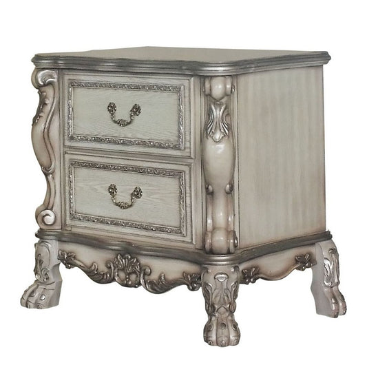 Traditional Wooden Nightstand with 2 Drawers and Carved Details, Silver