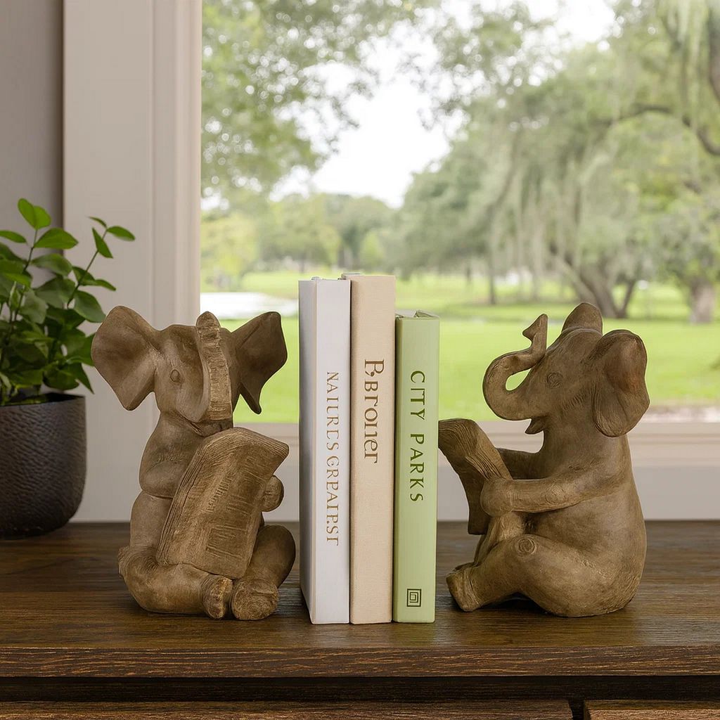 Ari Set of 2 Bookends, Reading Elephant Statuettes, Classic, Brown Resin - View 7