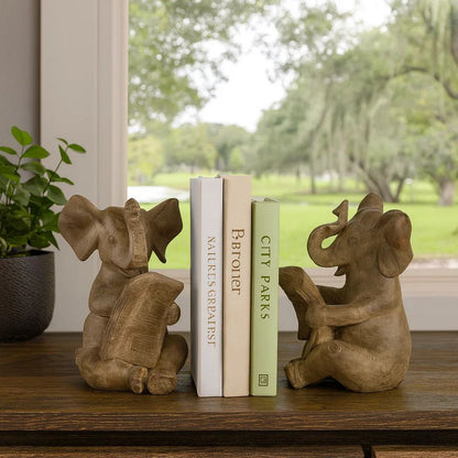 Ari Set of 2 Bookends, Reading Elephant Statuettes, Classic, Brown Resin - View 7