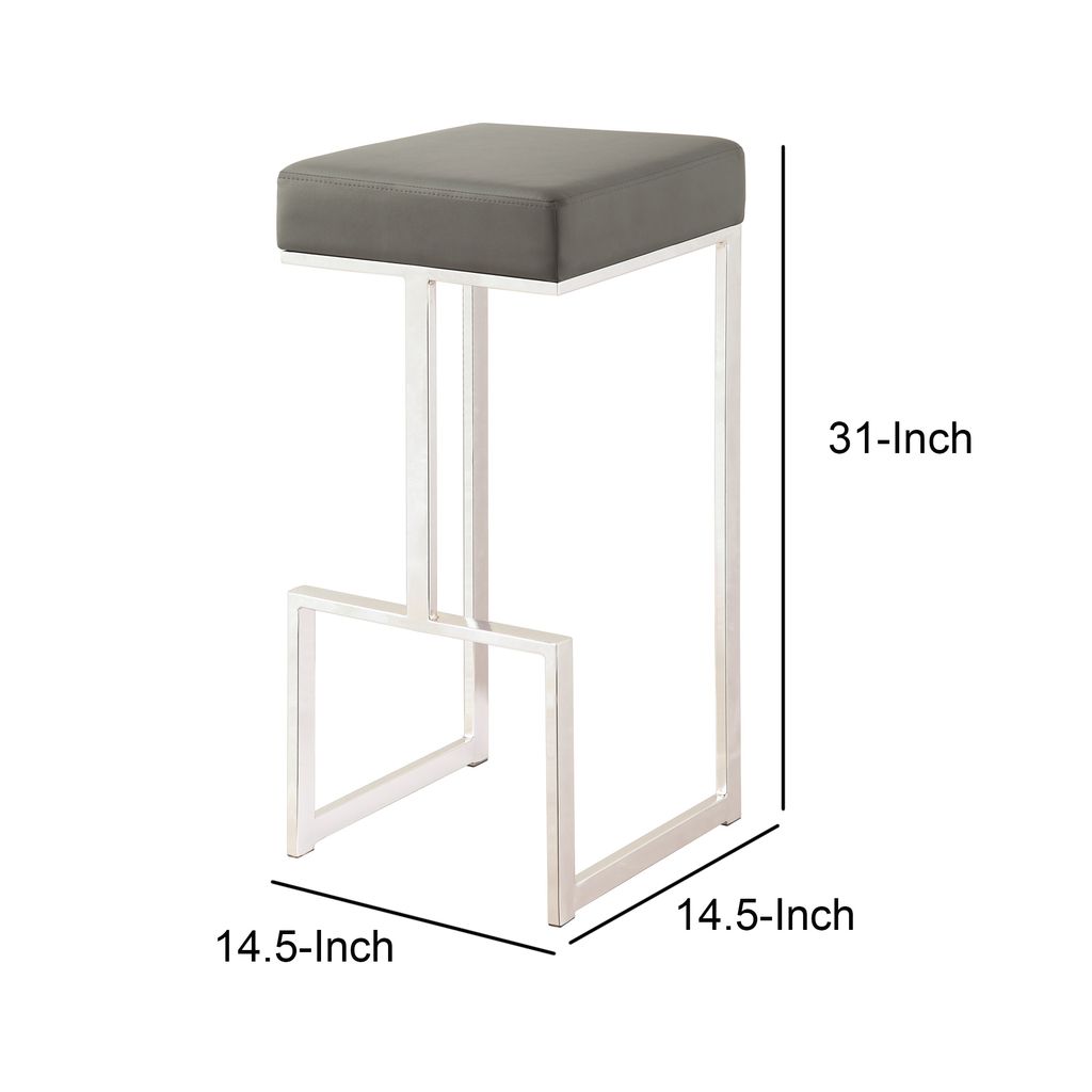 31 Inch Modern Bar Stool, Vegan Faux Leather, Backless, Chrome, Silver - View 5