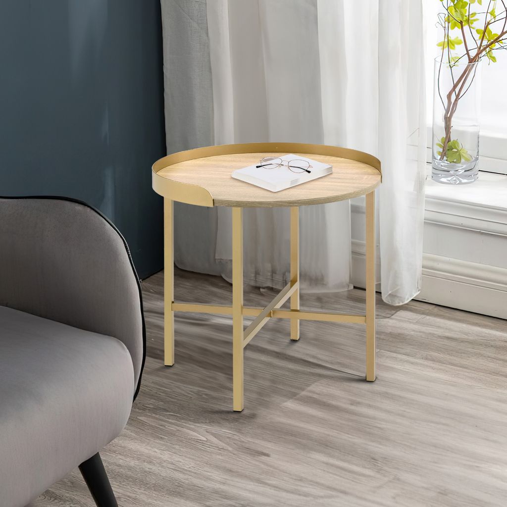 Kai 22 Inch Wood End Table, Round Tray Top, Metal Accent, Brown, Brass - View 7