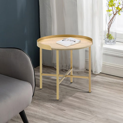 Kai 22 Inch Wood End Table, Round Tray Top, Metal Accent, Brown, Brass - View 7