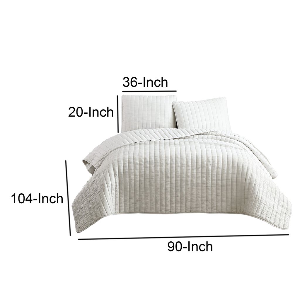 3 Piece Crinkles King Size Coverlet Set with Vertical Stitching, White - View 6