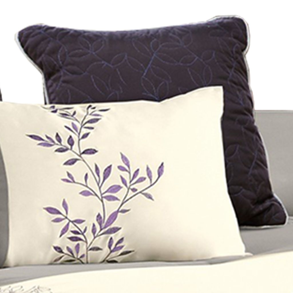 7 Piece Queen Polyester Comforter Set with Leaf Embroidery, Gray and Purple - View 4