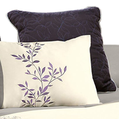 7 Piece Queen Polyester Comforter Set with Leaf Embroidery, Gray and Purple - View 4