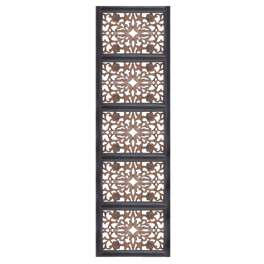Rectangular Wall Panel with Intricate Floral Carvings, Burnt Black