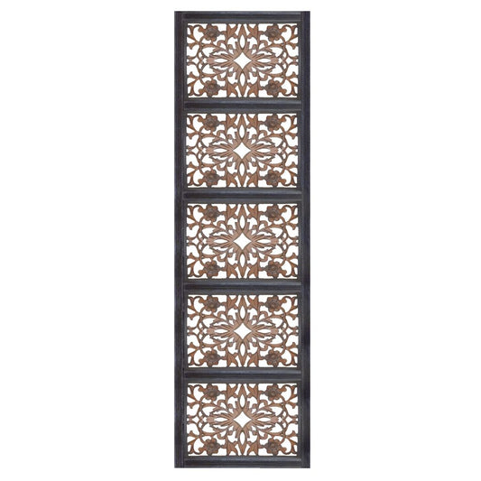 Rectangular Wall Panel with Intricate Floral Carvings, Burnt Black
