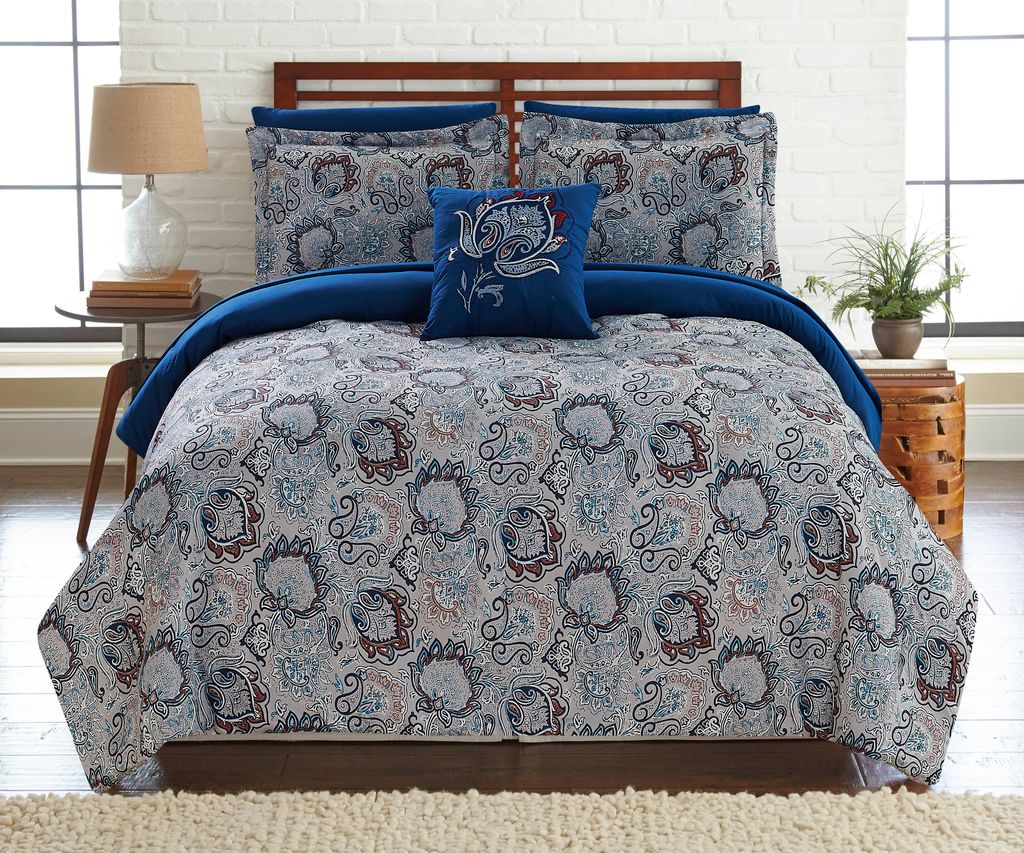 Caen 8 Piece Printed Queen Reversible Comforter Set The Urban Port, Gray and Blue