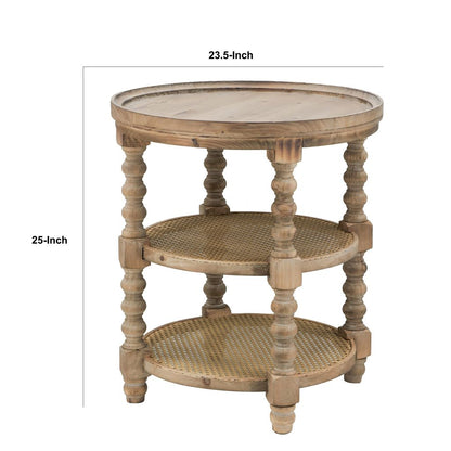 Jake 25 Inch 3 Tier Side Table, Fir Wood, 2 Woven Wicker Shelves, Brown - View 6