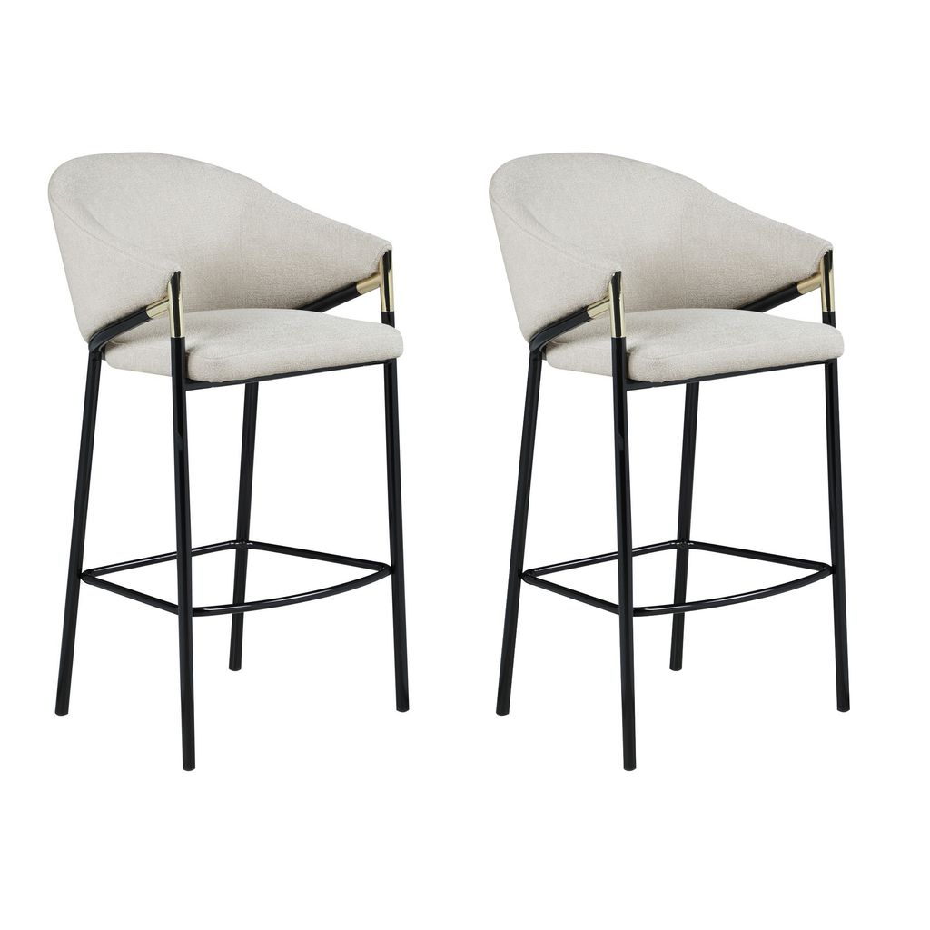 Fil 30 Inch Sloped Arm Barstools, Set of 2, Padded Curved Back, Beige Linen