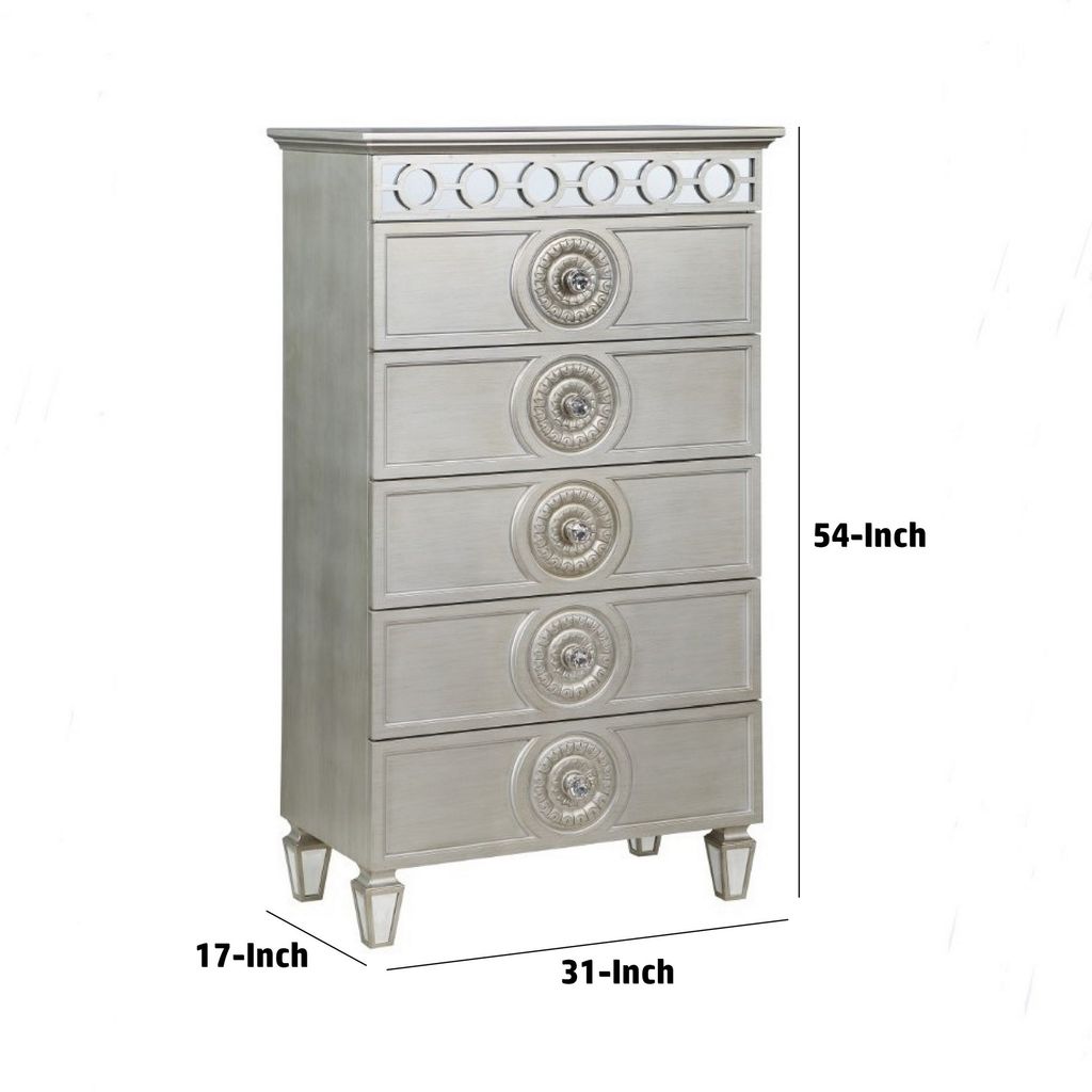 Nic 54 Inch Modern Tall Dresser Chest, 5 Drawers, Round Knobs, Silver - View 6