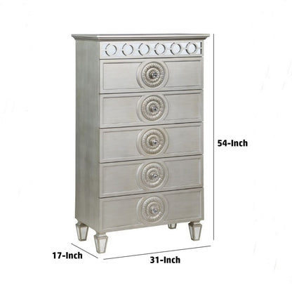 Nic 54 Inch Modern Tall Dresser Chest, 5 Drawers, Round Knobs, Silver - View 6