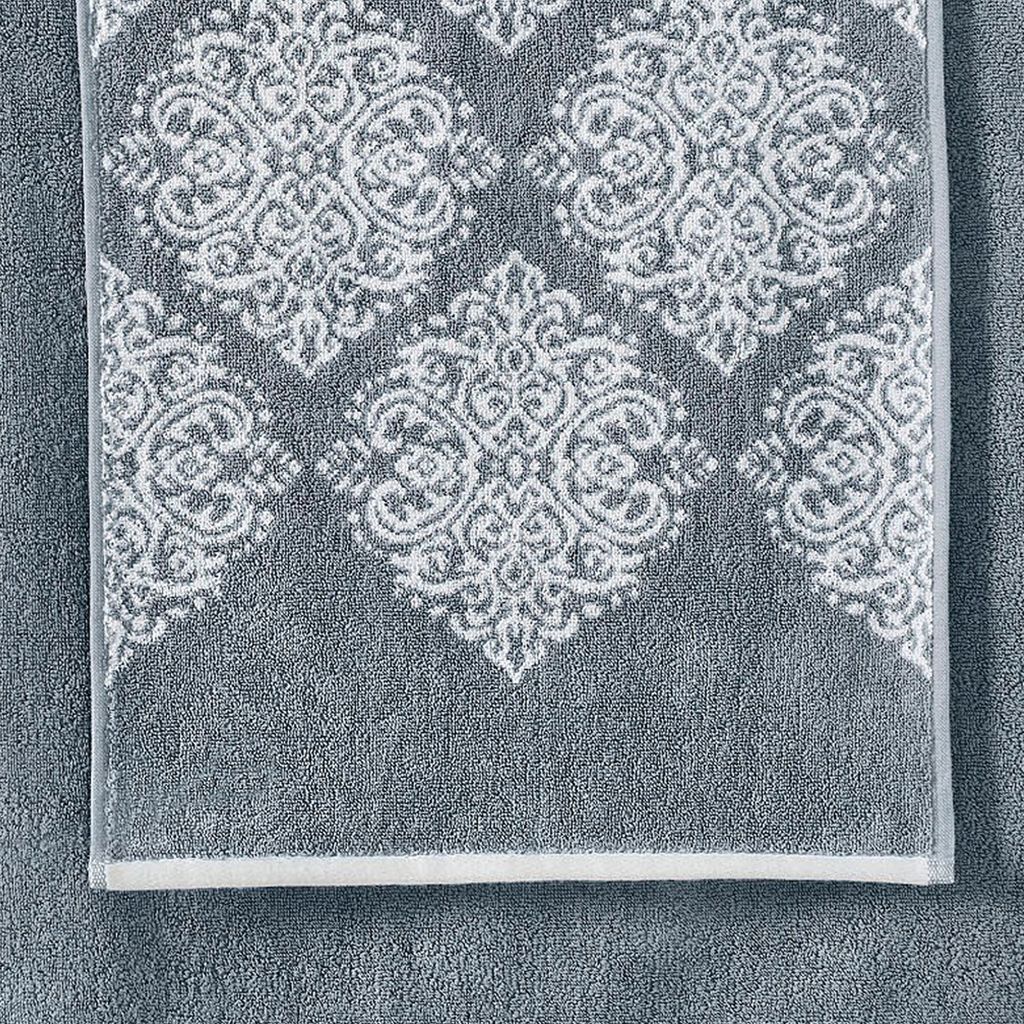 Eula Modern 6 Piece Cotton Towel Set, Stylish Damask Pattern, Slate Blue - View 4
