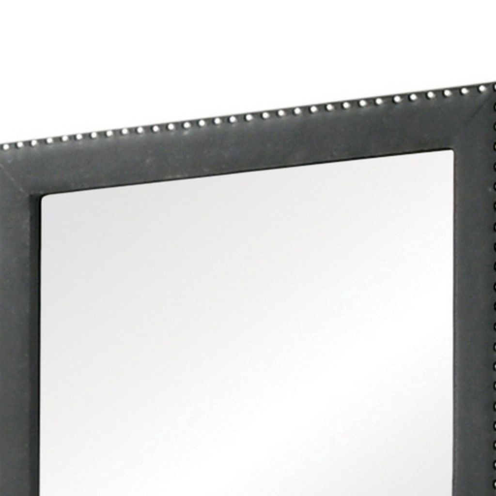 Cale 40 Inch Modern Portrait Mirror, Velvet Upholstery, Nailhead Trim, Gray - View 3