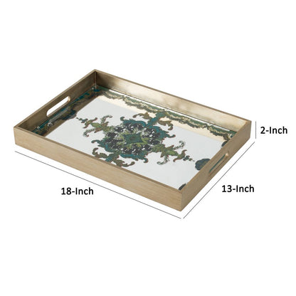 Miki 18 Inch Decorative Tray, Artistic Mirrored Damask Pattern, Gold Finish - View 5